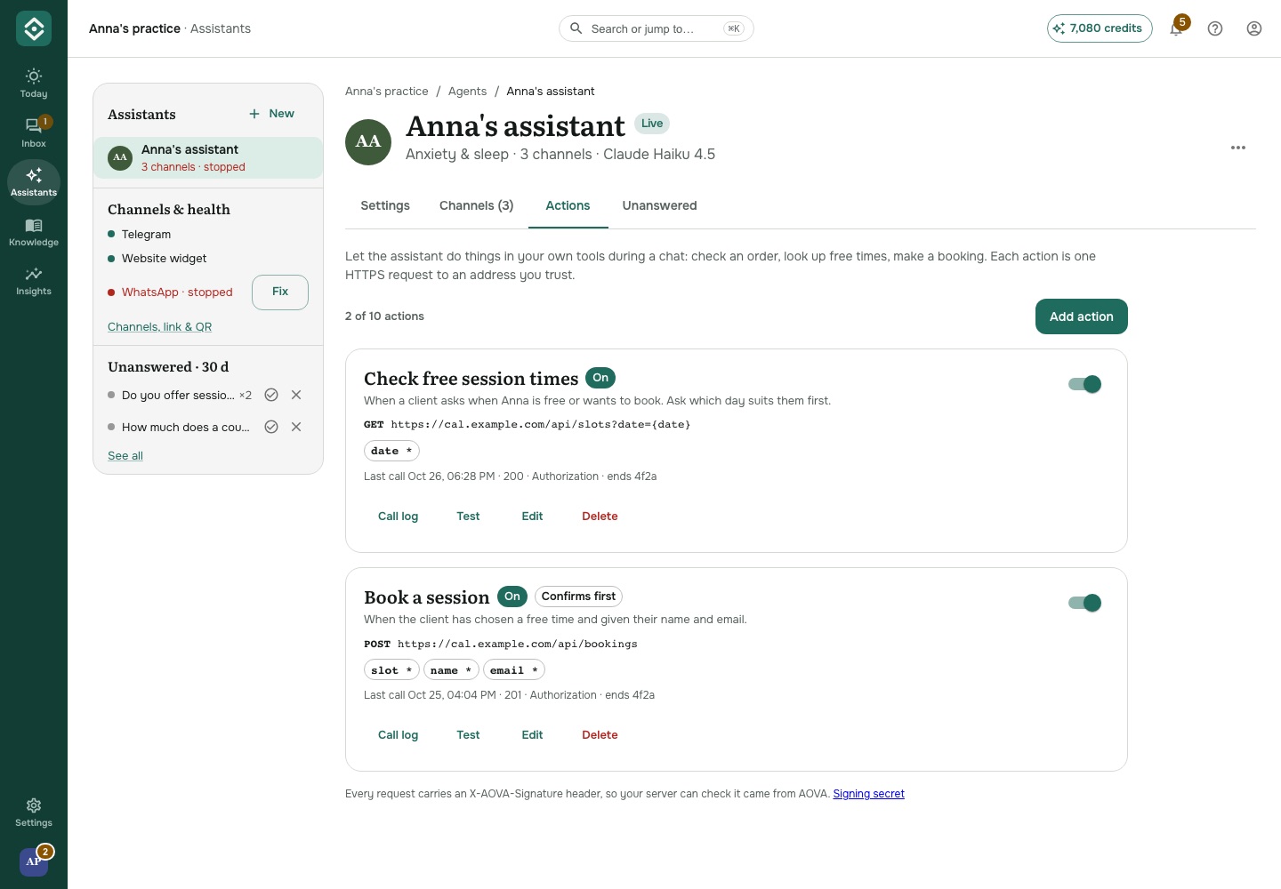 An assistant's Actions tab with two actions