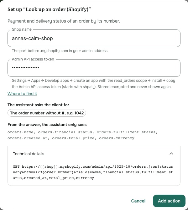 Setting up "Look up an order (Shopify)"