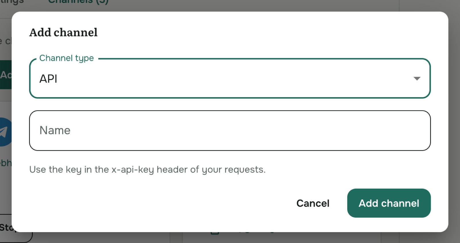 The Add channel dialog set to API