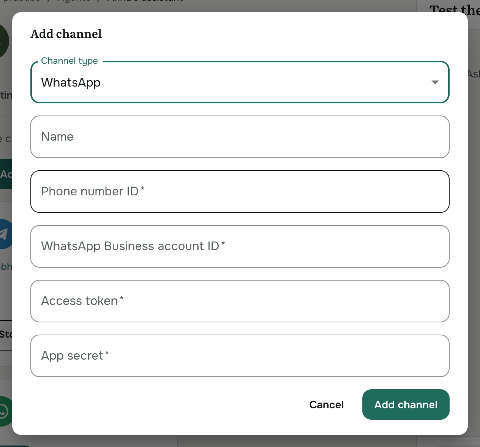 The Add channel dialog set to WhatsApp