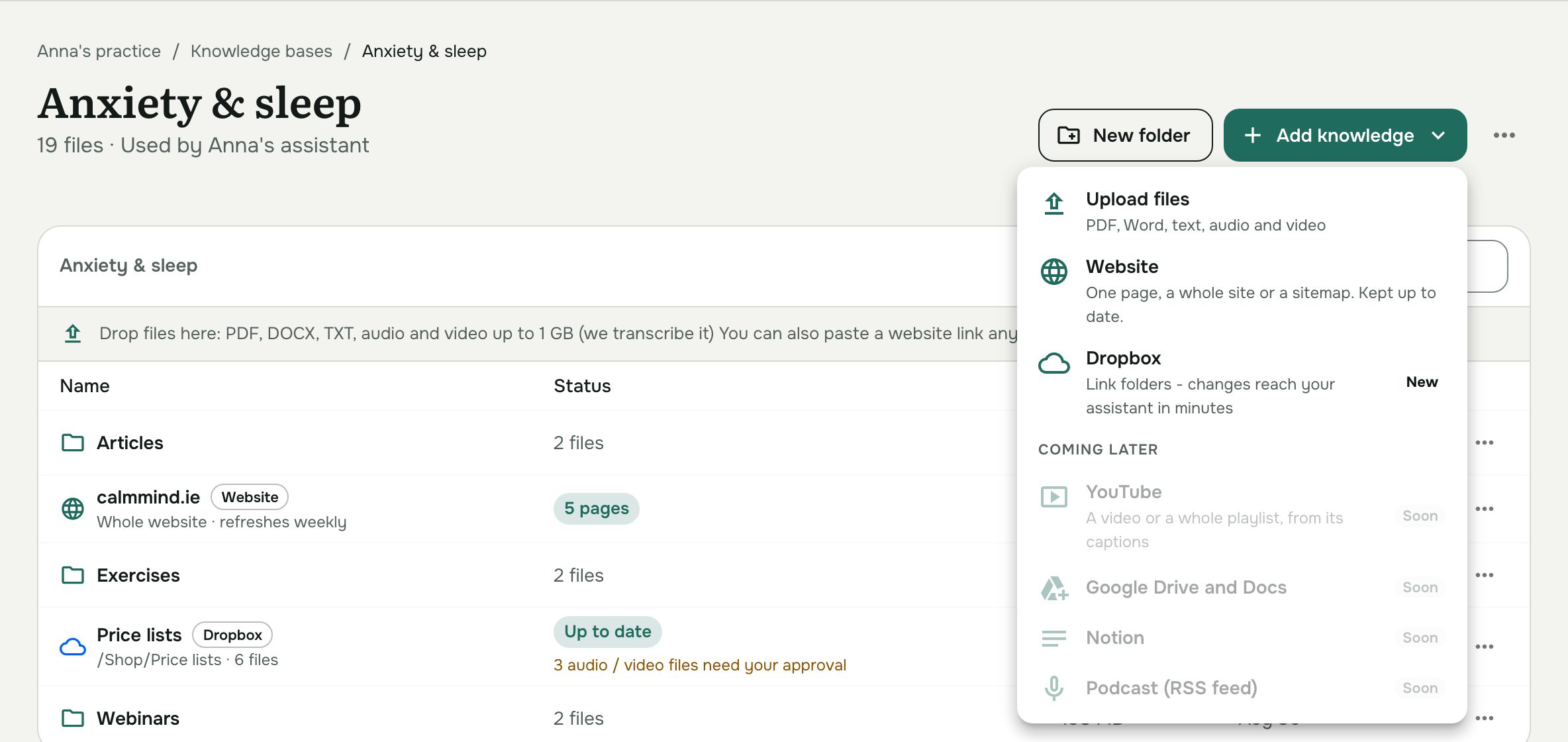 The Add knowledge menu with Dropbox