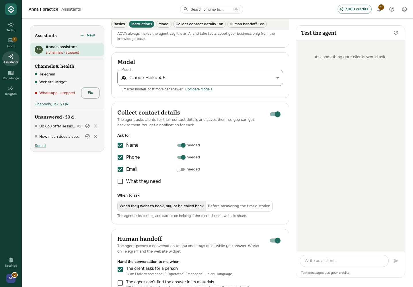 The Collect contact details settings of an assistant