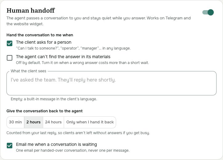 The Human handoff settings of an agent