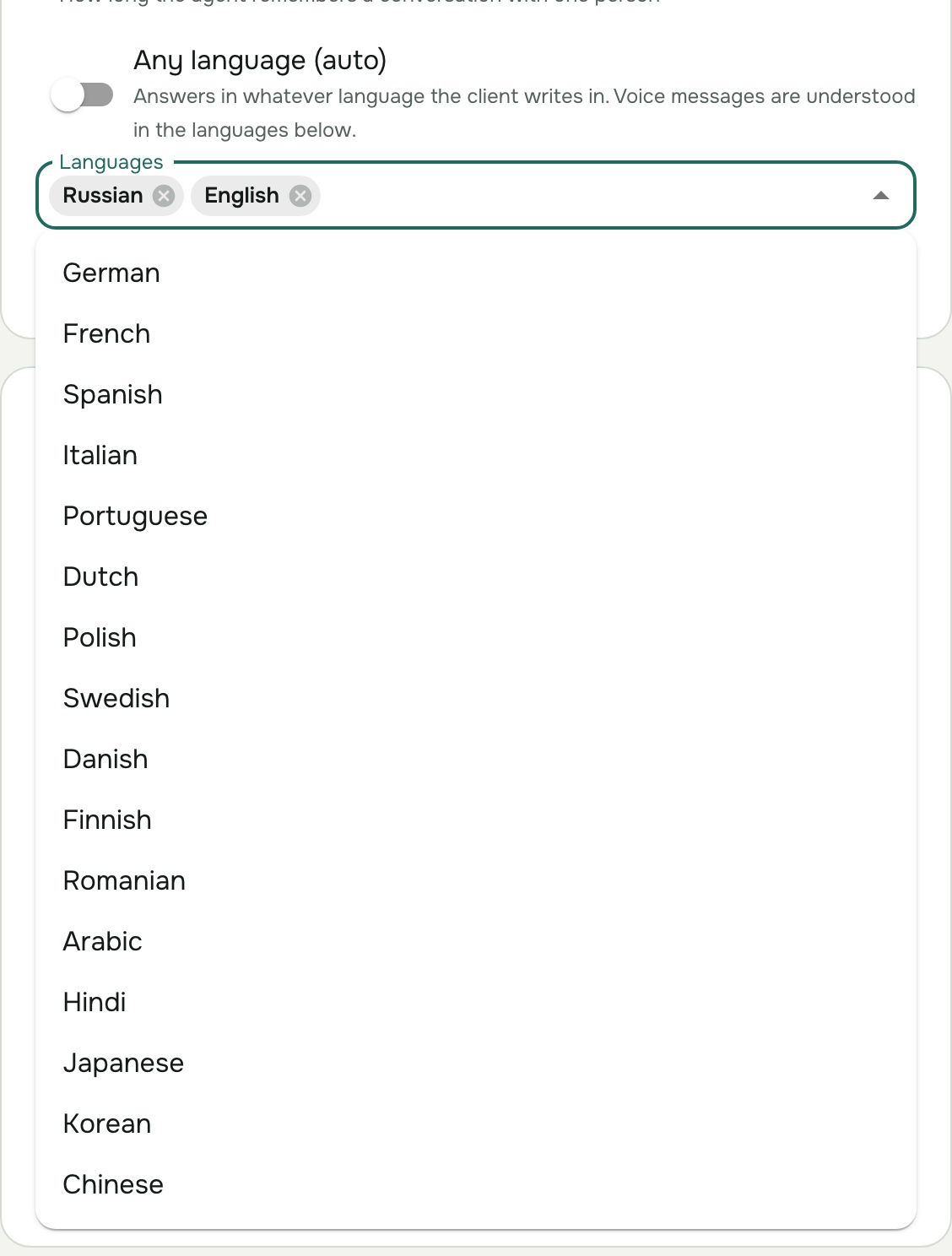 The language list on an agent's settings