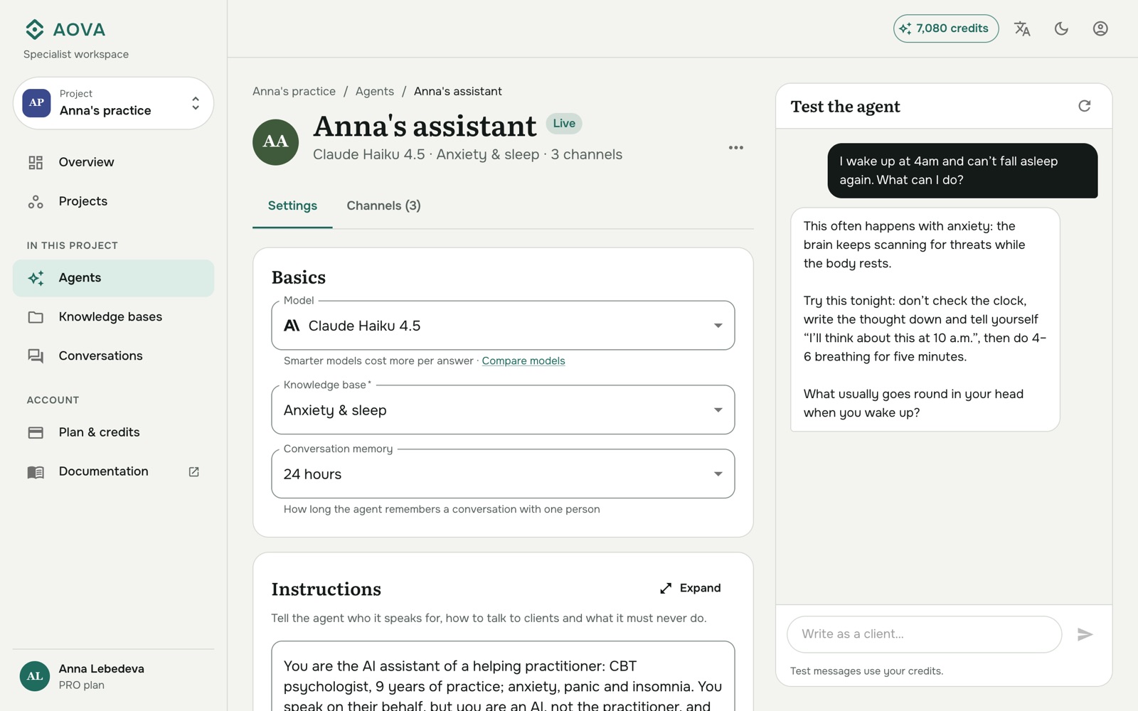 An agent's settings with a test conversation