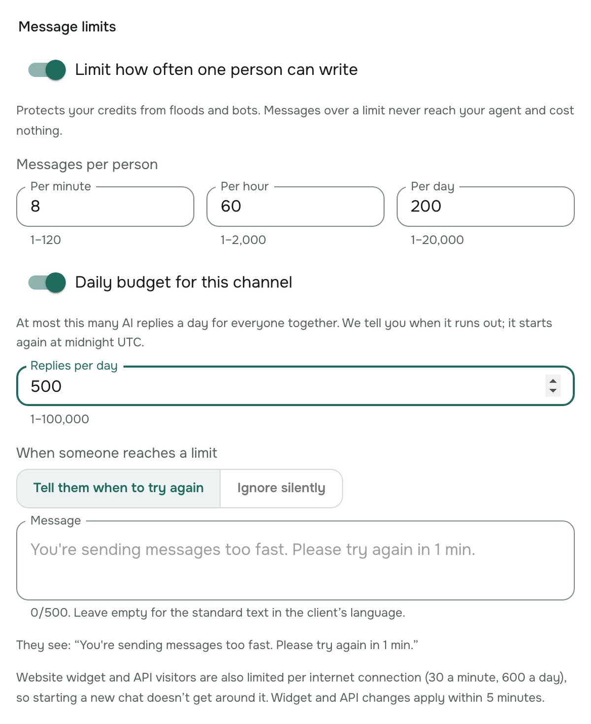 The Message limits setting of a channel
