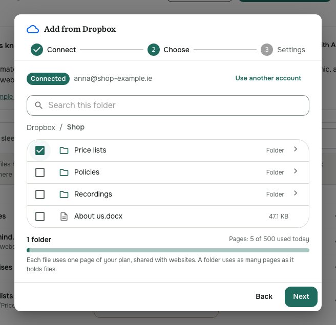 Choosing a Dropbox folder: Shop → Price lists is ticked