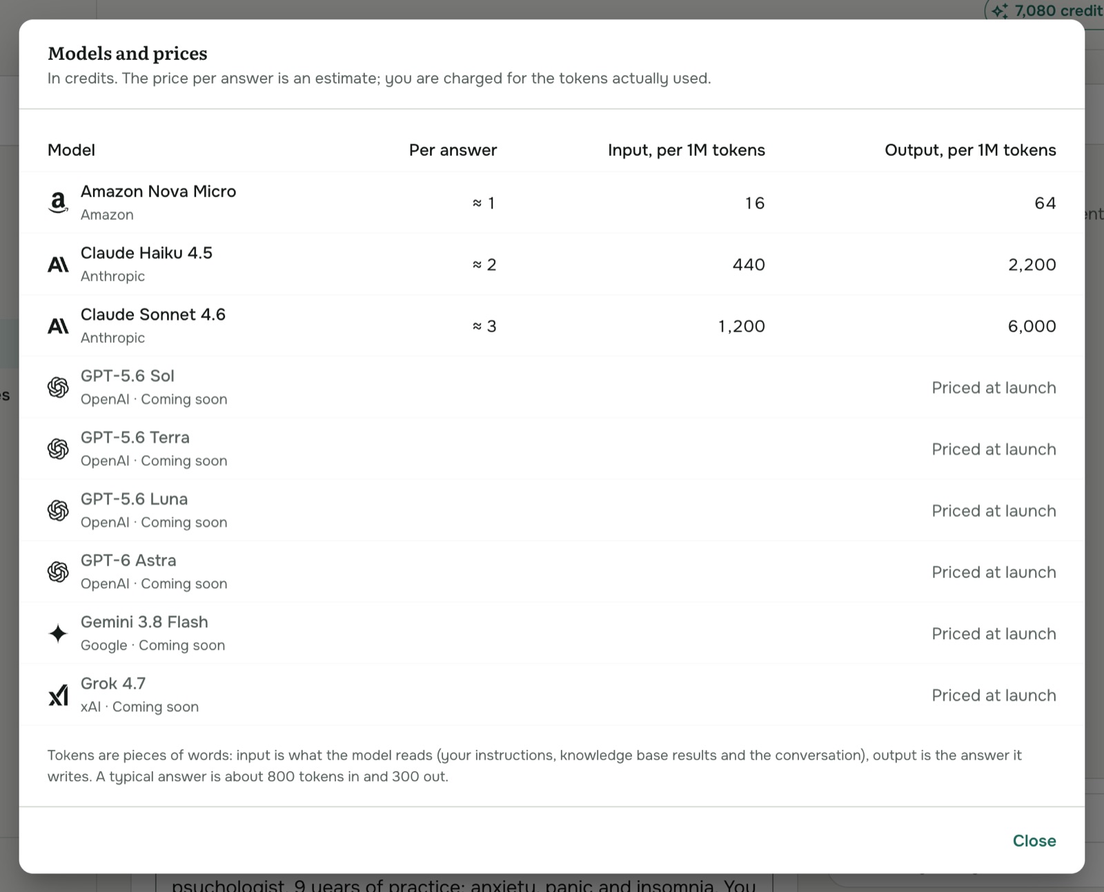 Models and prices