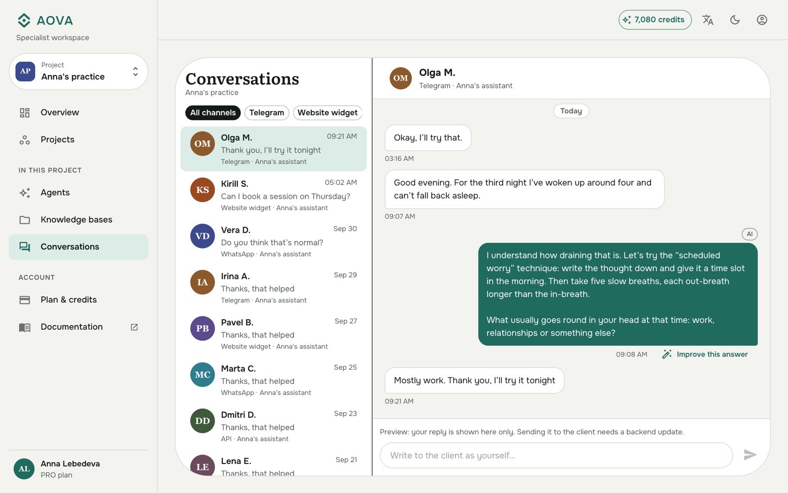 A conversation with a client in Telegram