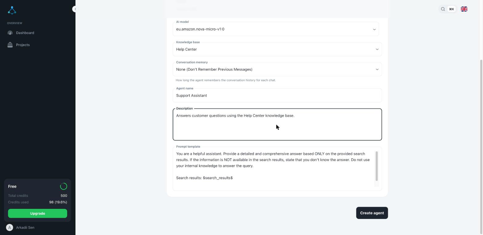 Create agent form with a knowledge base and model selected