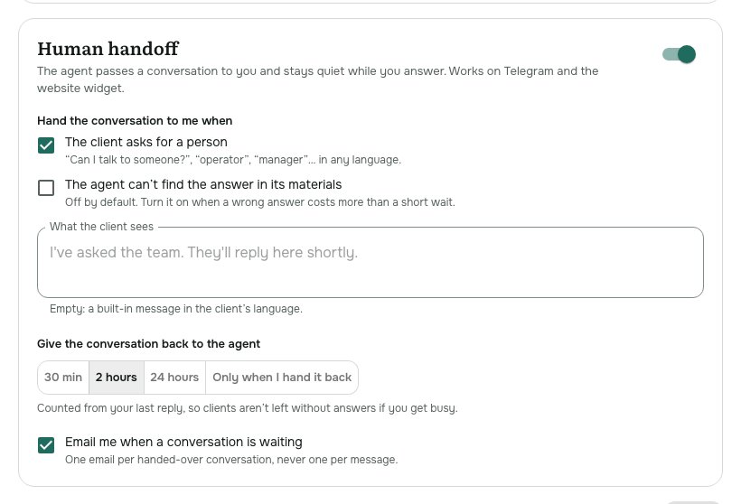 The Human handoff settings: when to hand over, the message the client sees, when the agent takes the chat back, and the email alert