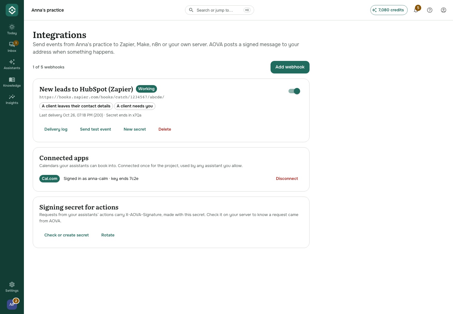 Cal.com connected in Settings → Integrations