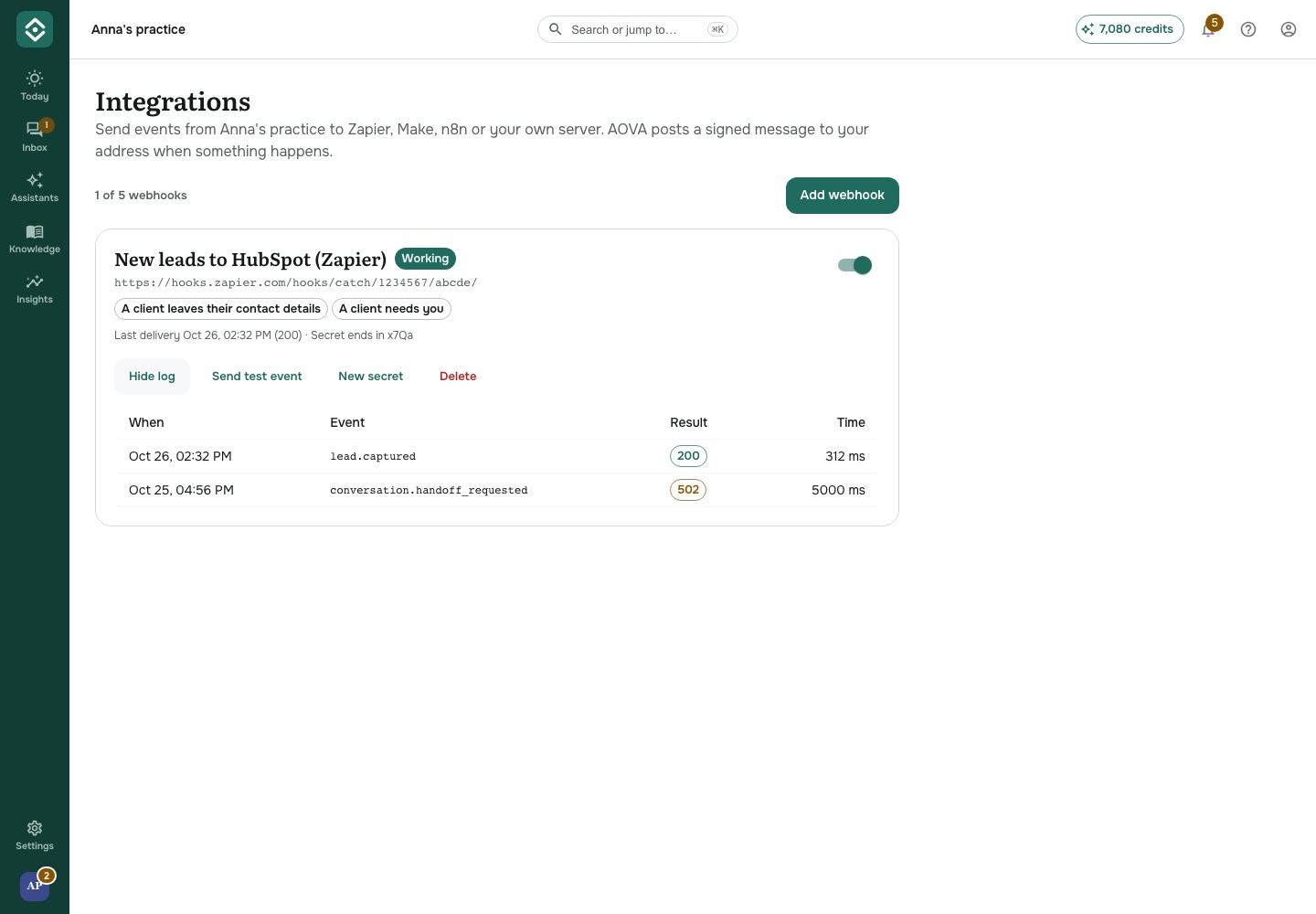 The Integrations page with a webhook and its delivery log
