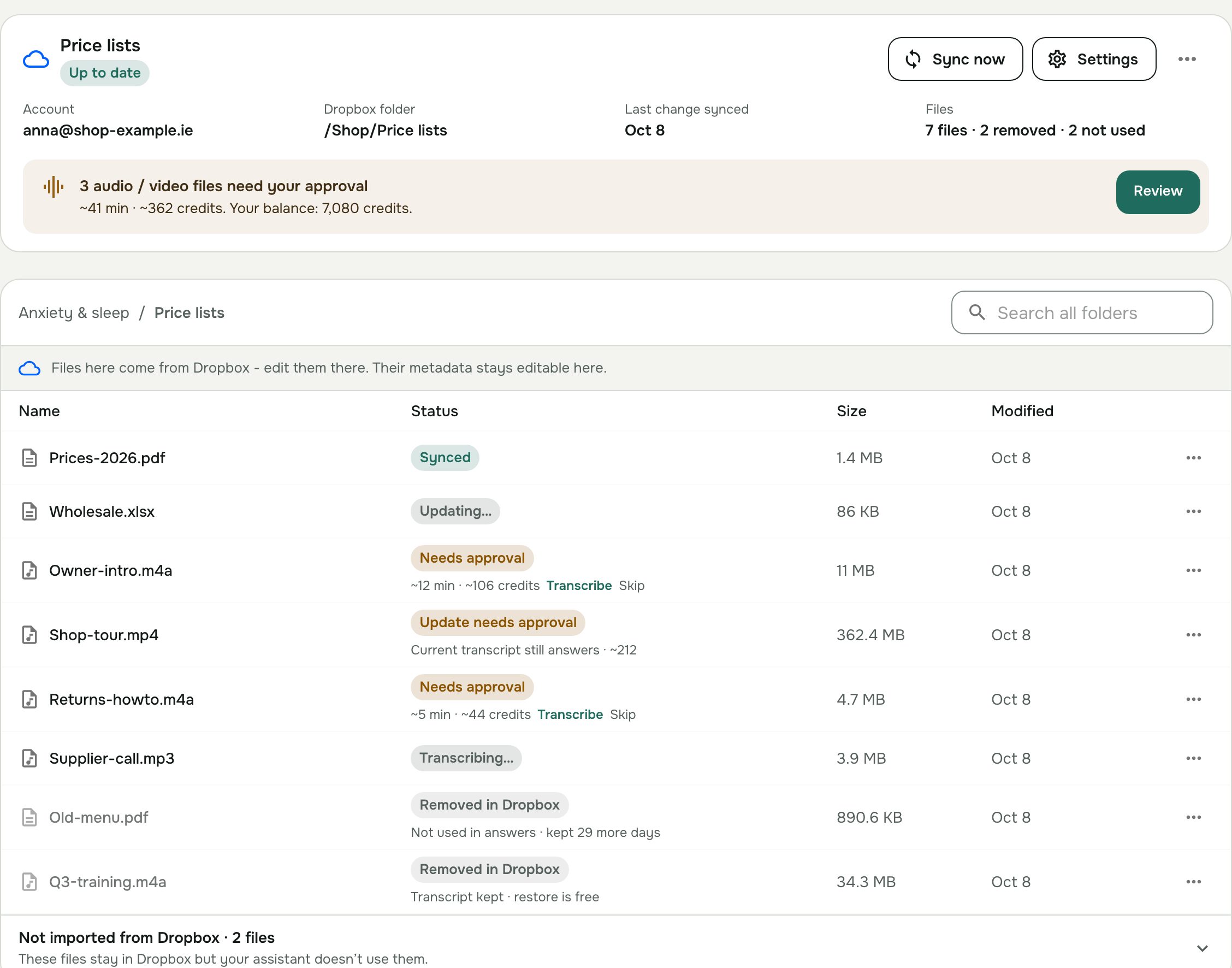 A linked Dropbox folder: sync status, files waiting for approval, files removed in Dropbox