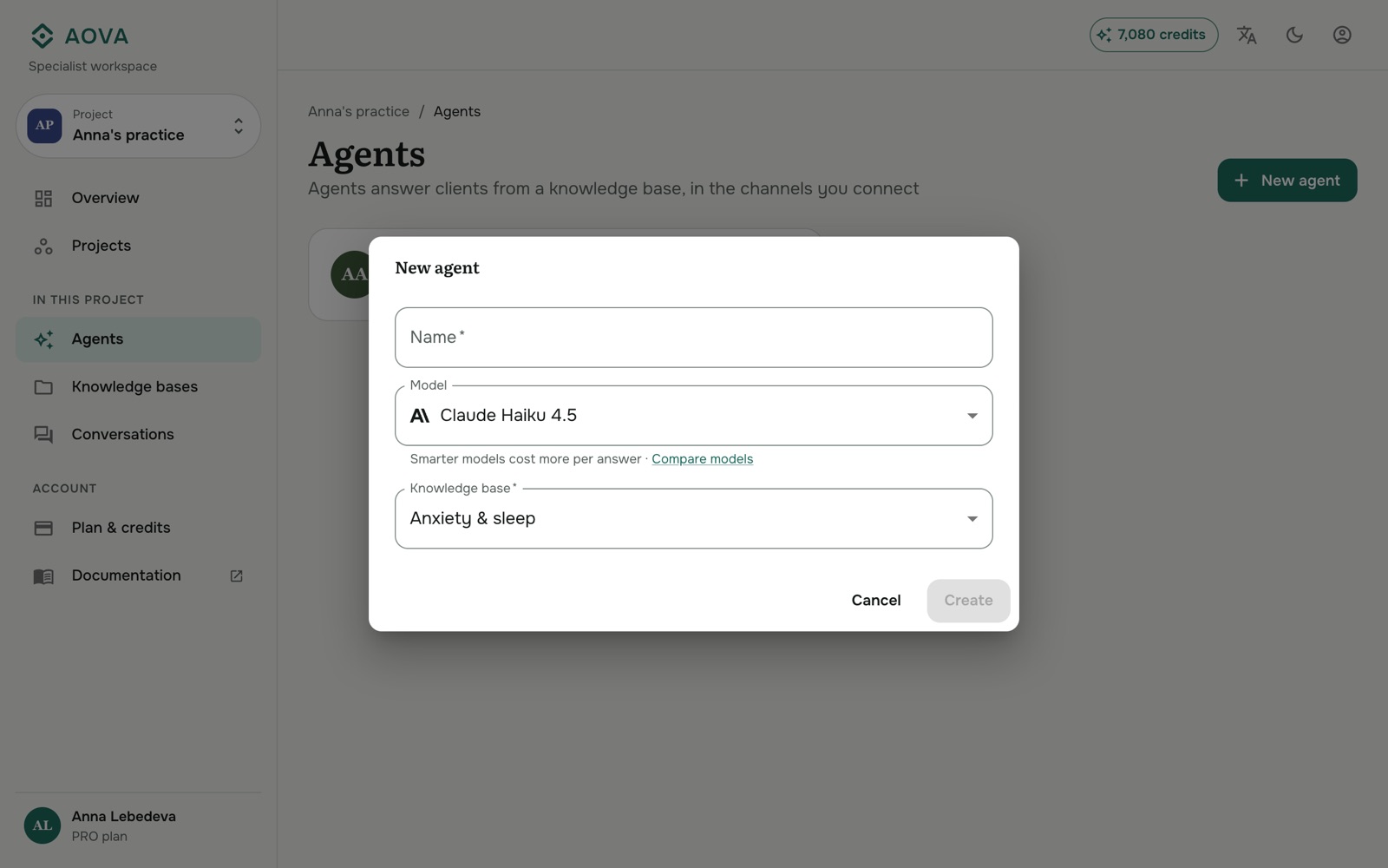 The New agent dialog