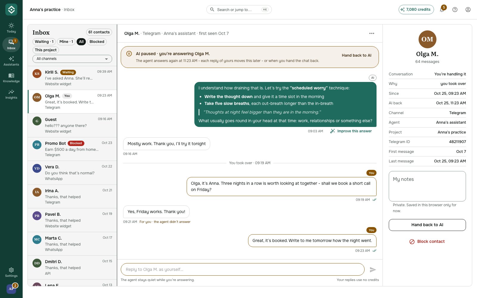 Your replies in the conversation, marked "You", with the assistant paused and the contact's details on the right