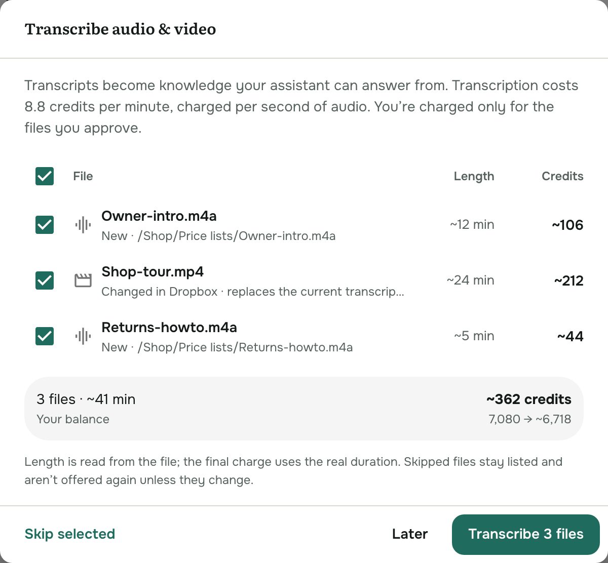 Reviewing audio and video before transcription: length, credits and your balance