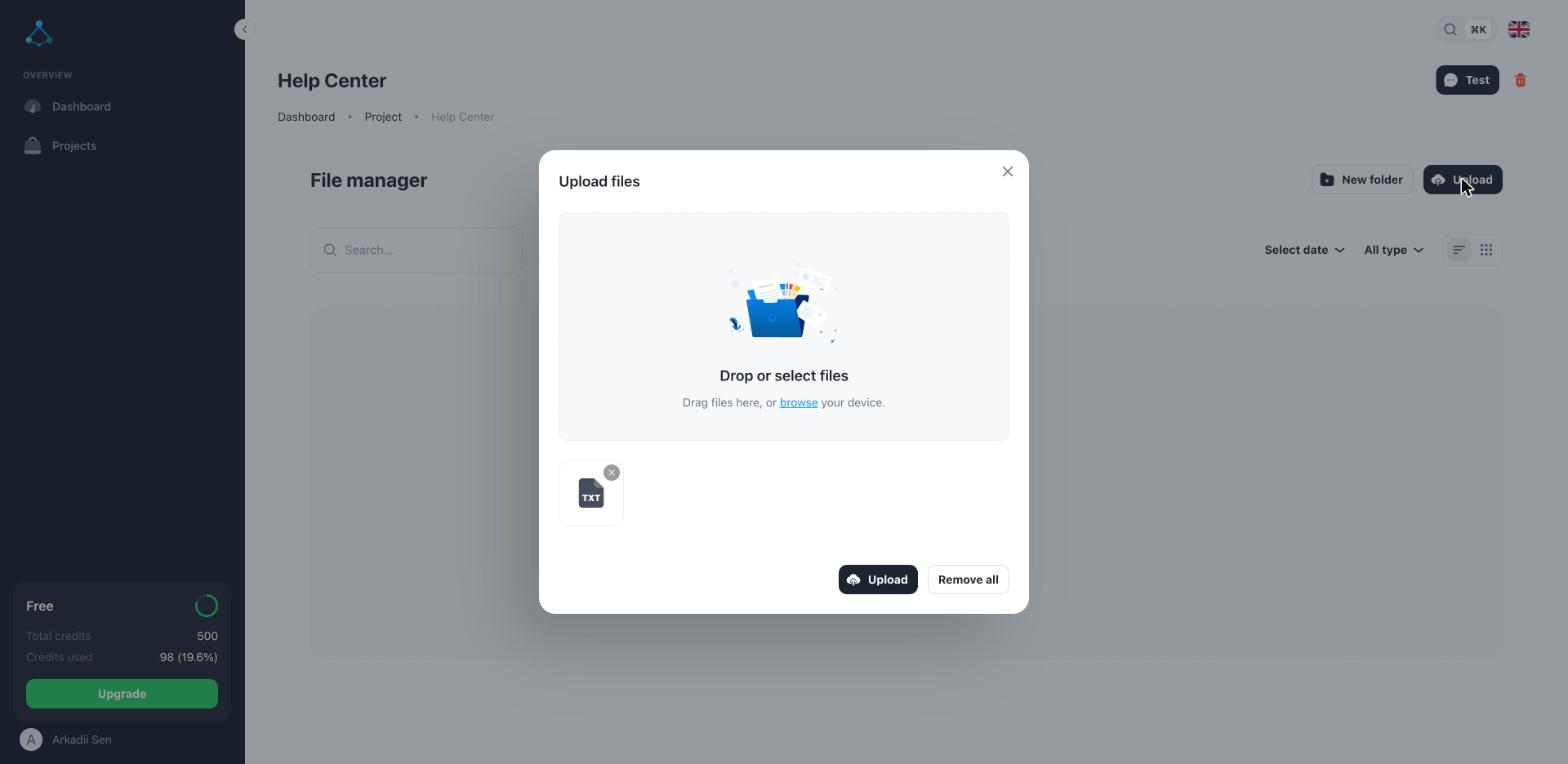 The upload dialog with a file staged, ready to upload