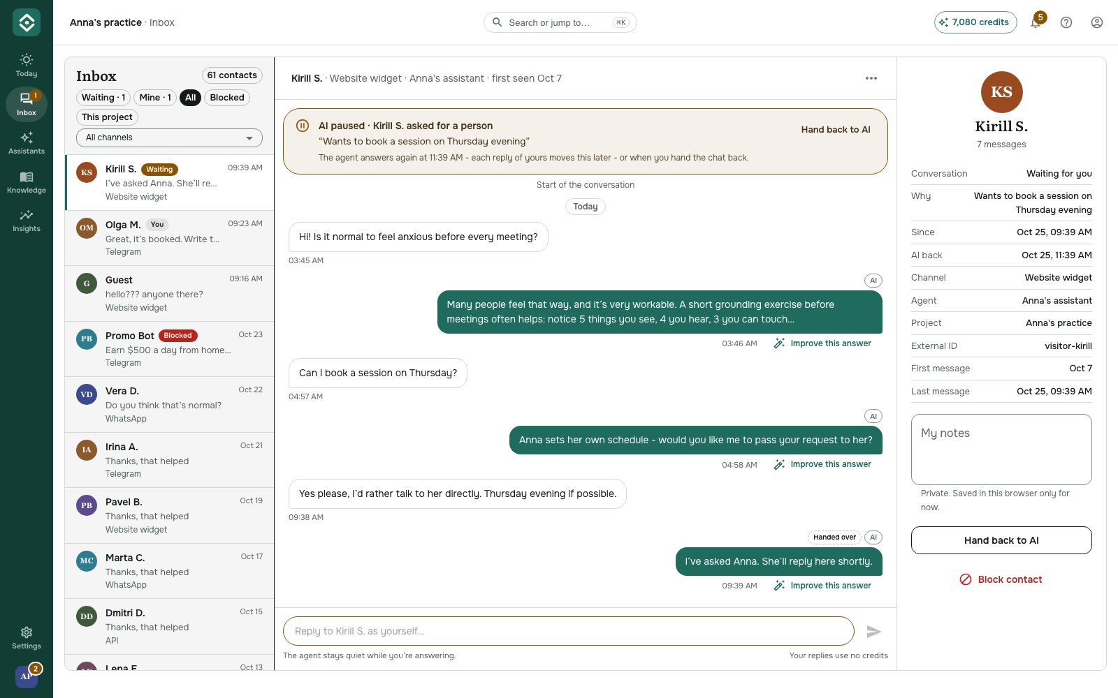 A conversation waiting for you: the amber "AI paused" bar shows why it was handed over and what the client needs