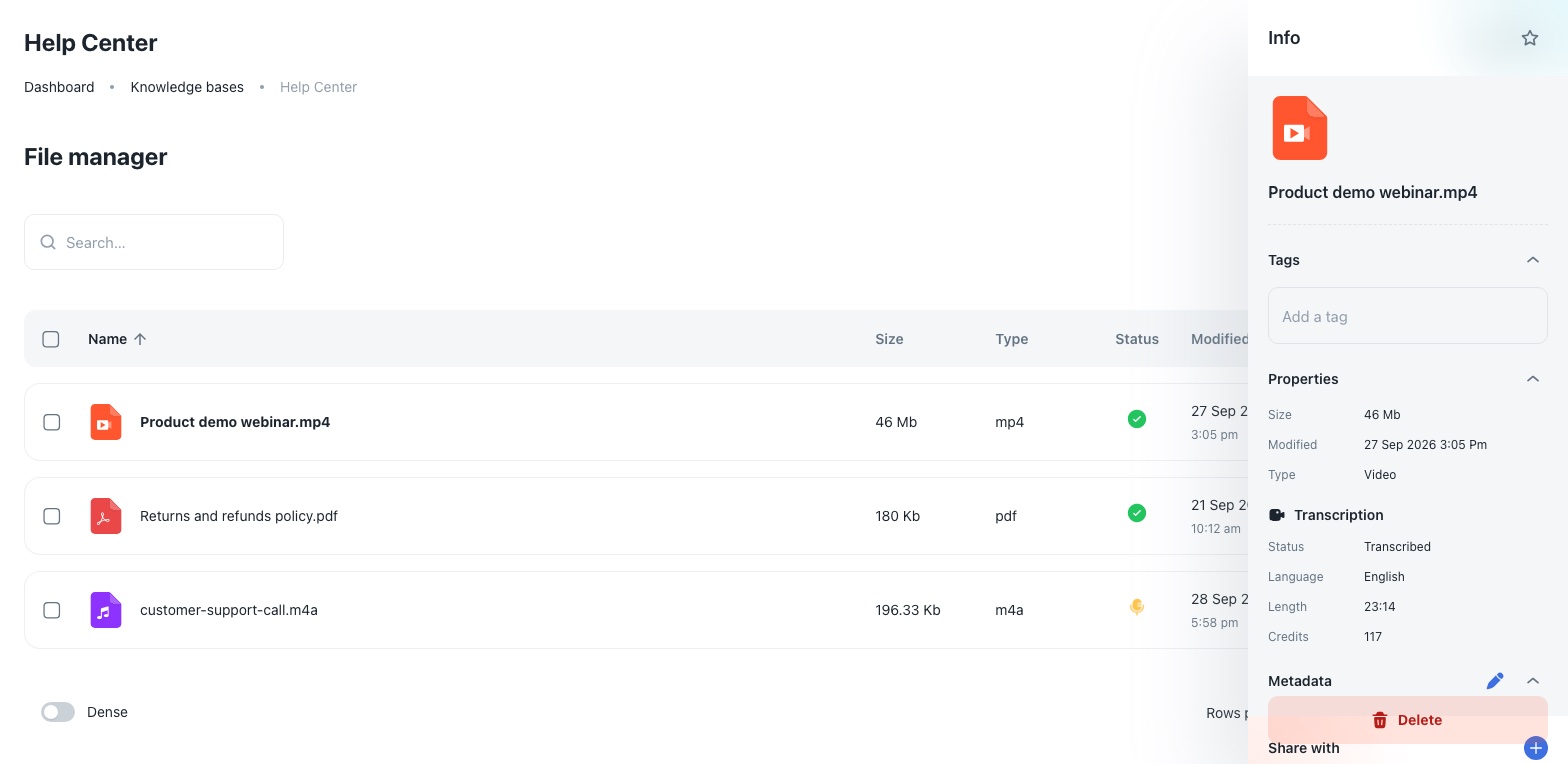 File details panel with the Transcription section: language, length and credits charged