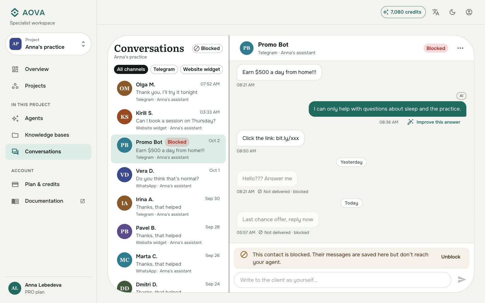 A blocked contact's conversation