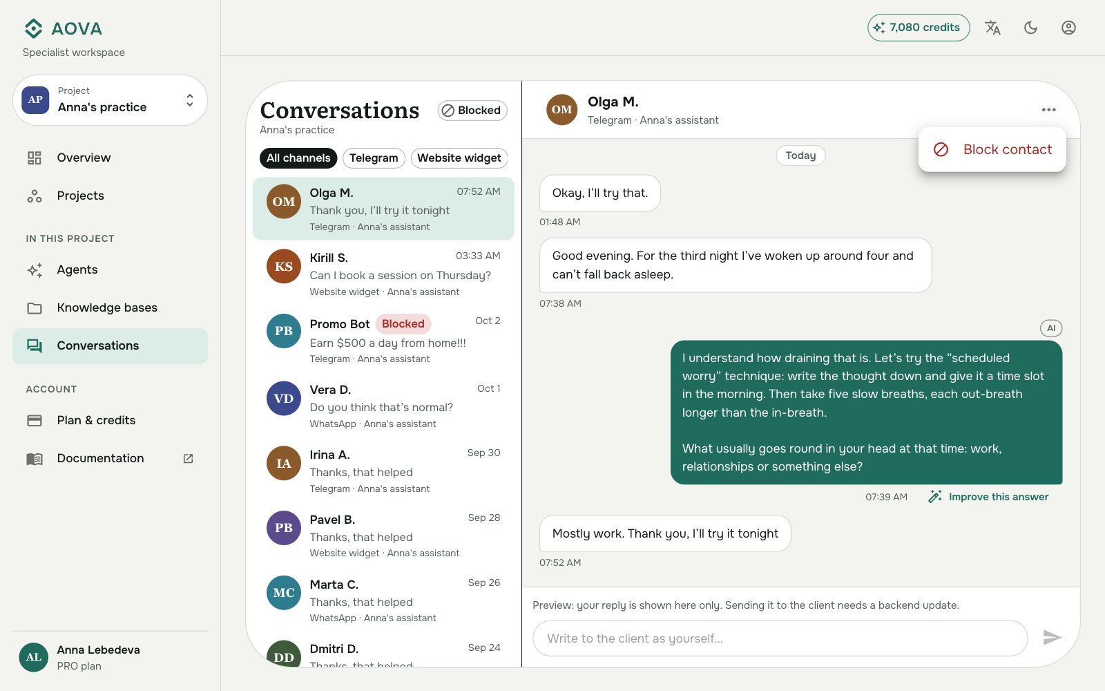 The conversation menu with Block contact