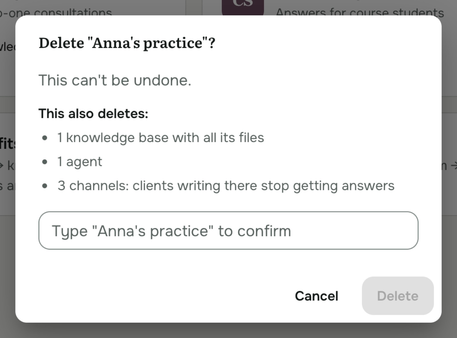 Deleting a project lists everything that goes with it