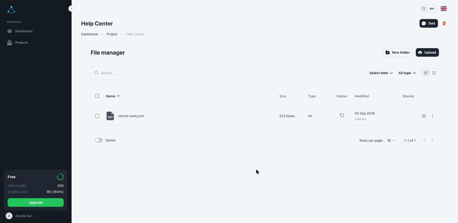 A knowledge base's file manager, with one file still processing