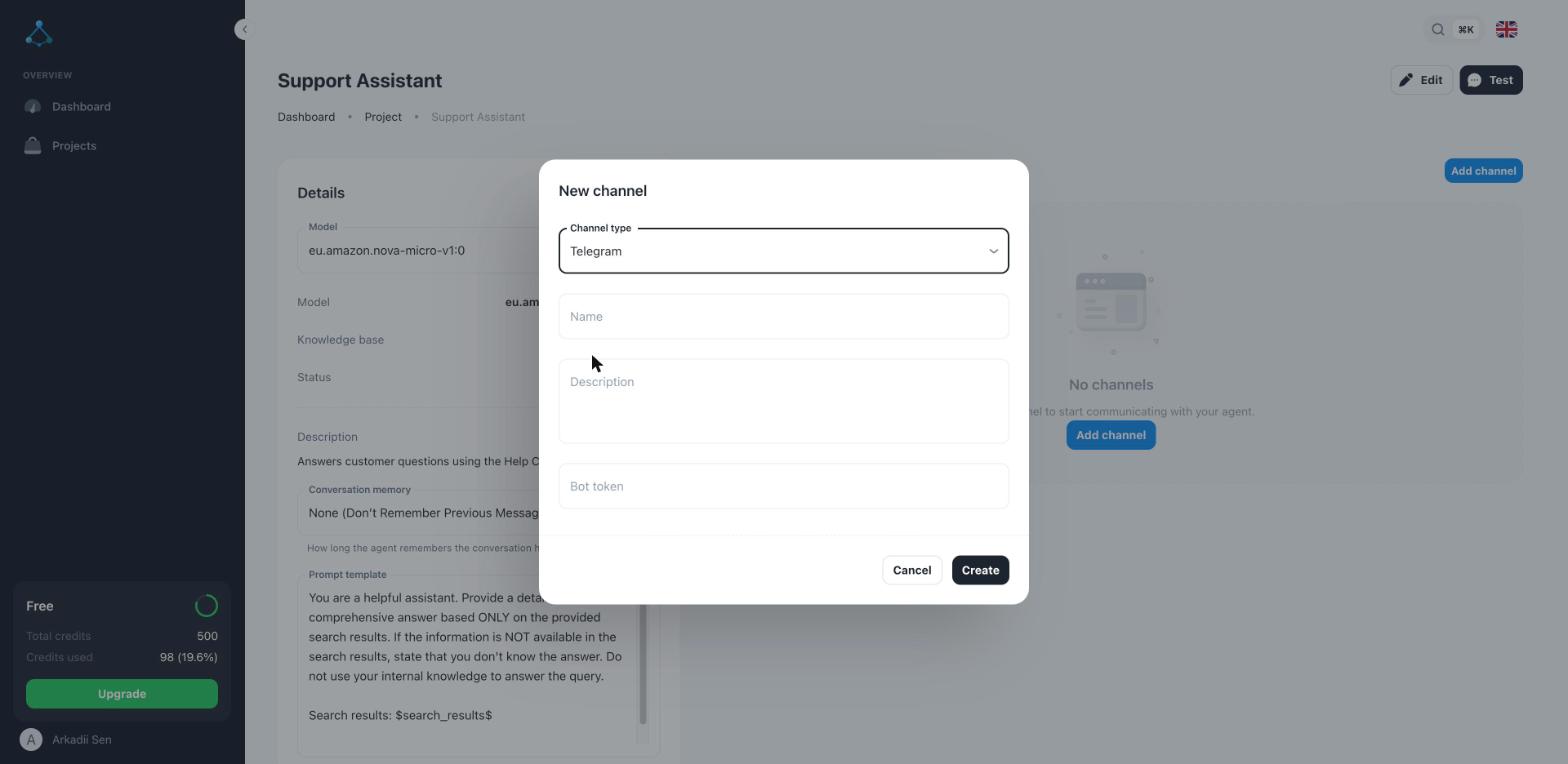 Окно создания канала Telegram с полем для токена