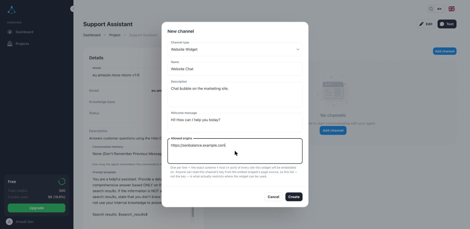 New channel dialog set to Website Widget, with name, welcome message, and allowed origins filled in