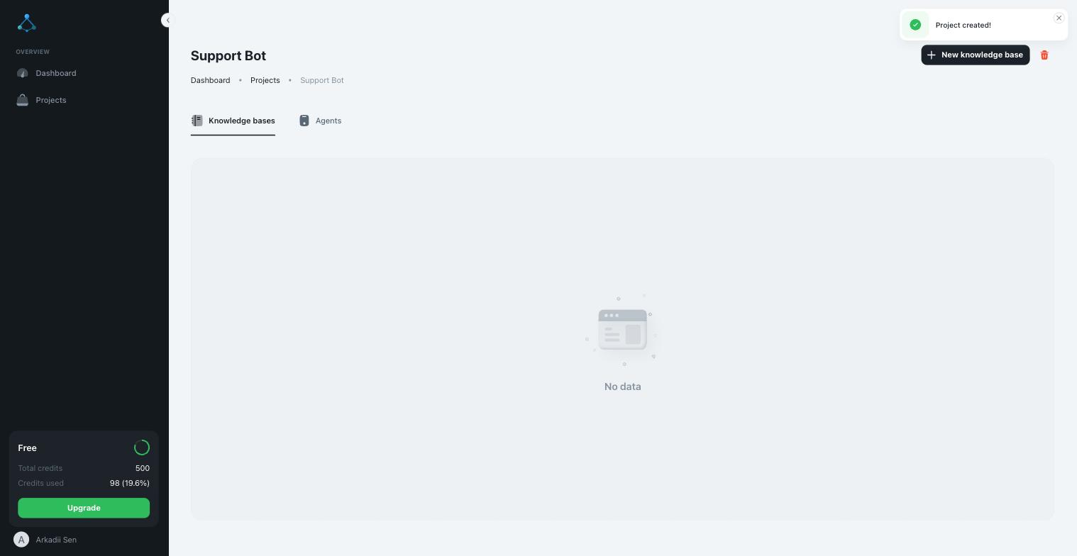 A newly created project, ready for a knowledge base and an agent