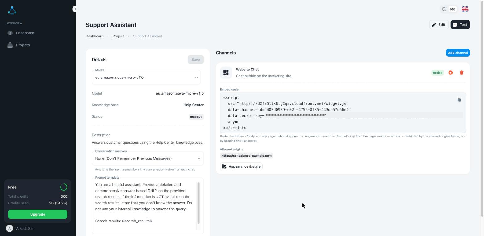 A created widget channel with its embed code shown (key redacted here)